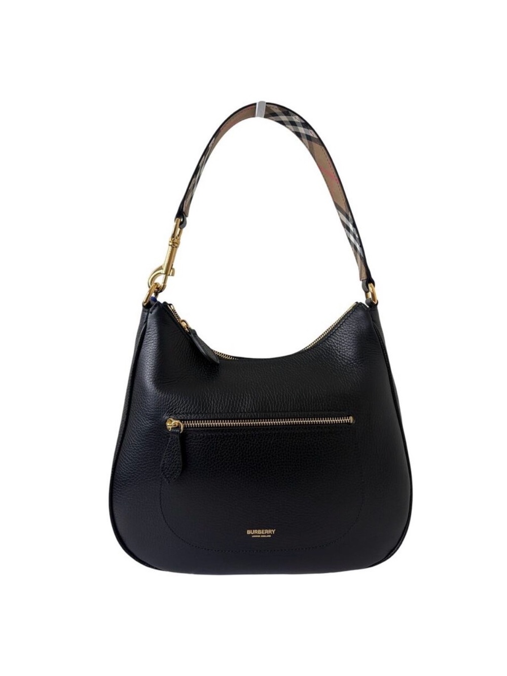 Burberry Black Pebbled Leather with Check Shoulder/hobo bag New - Picture 2 of 9